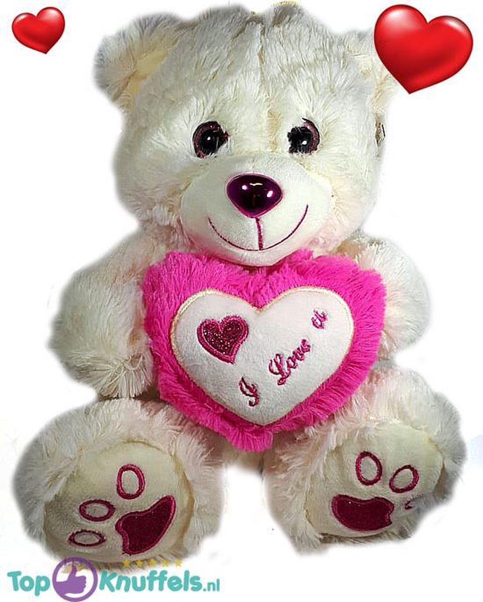 Witte Teddybeer met wit en donker roze hart I Love U 32 cm  | knuffelbeer pluche knuffel love beer | Ik Hou Van Jou / I Love You bear | Beertje met hart liefde | Baby plush beer met hartje 32cm